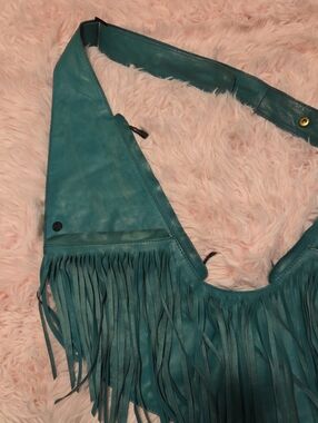 Sash Bag Genuine Leather Fringe Cross Body Turquoise